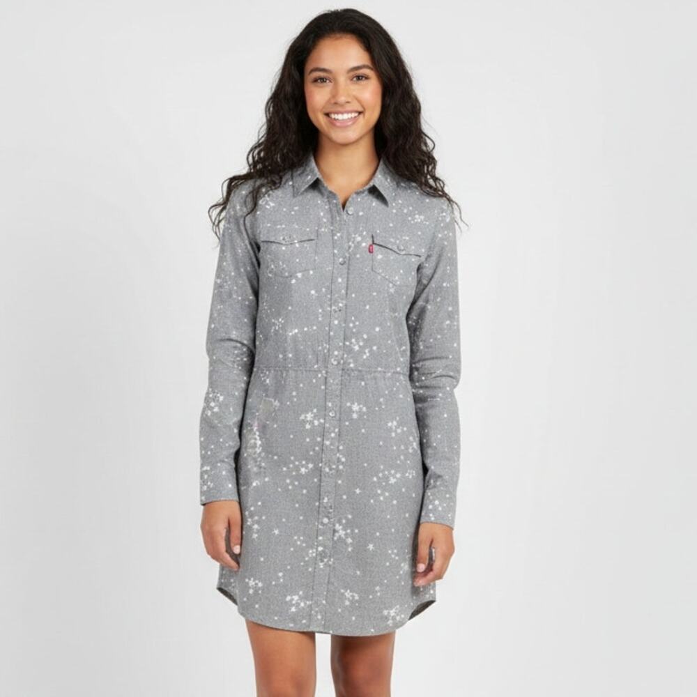 Levis Juniors Size Large Gray White Star Print Collared Long Sleeve Shirt Dress